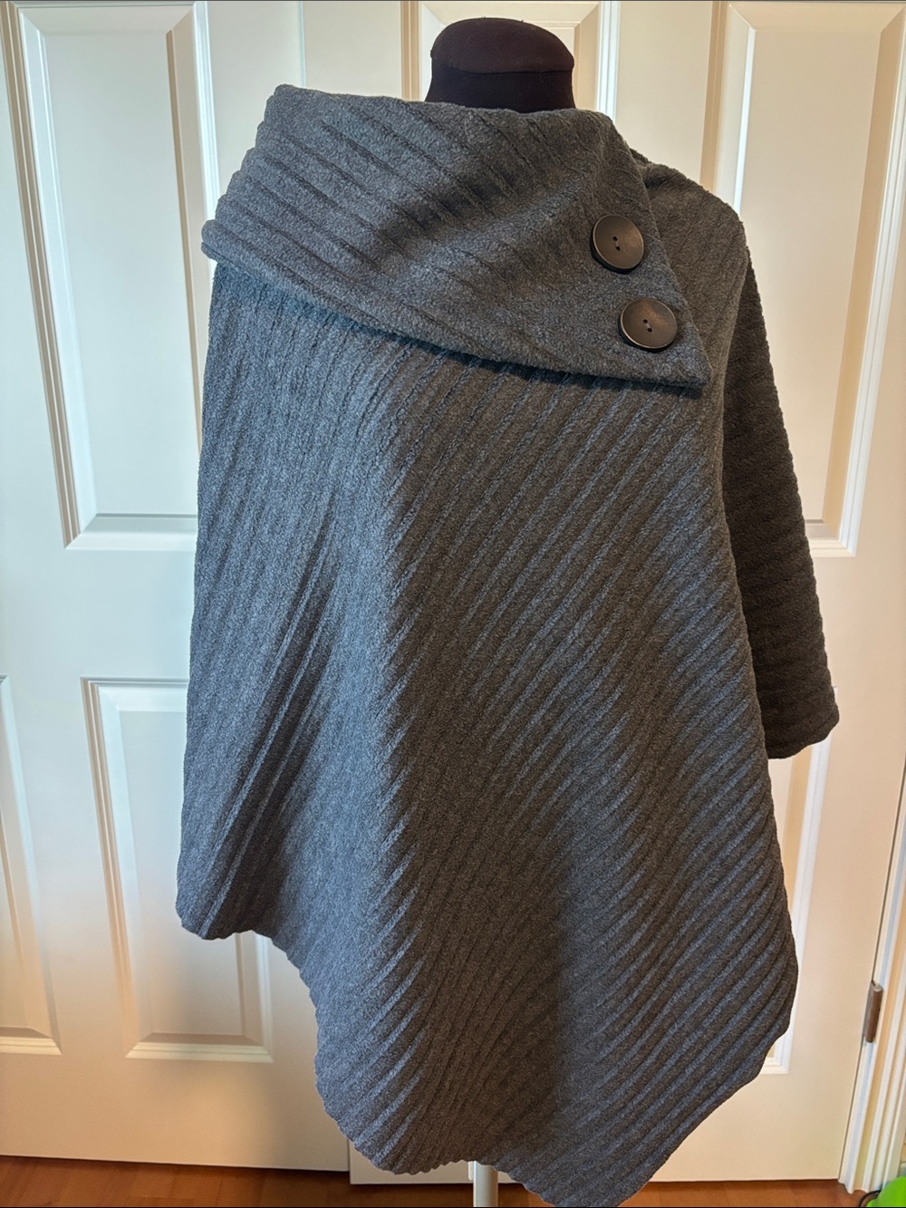 Button-Front Asymmetrical Gray Knit Poncho Wrap